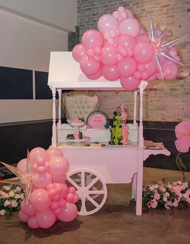 The Canopy Cart — vintage cart with canopy top decorated with pink balloons