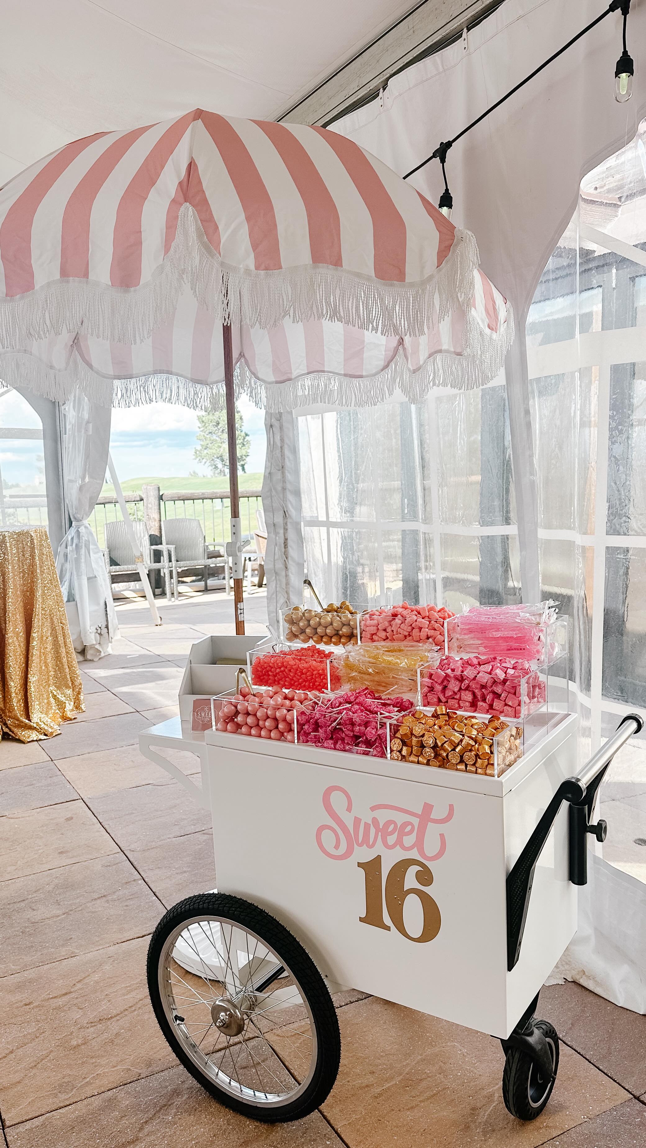 Sweet 16 cart with pink striped canopy
